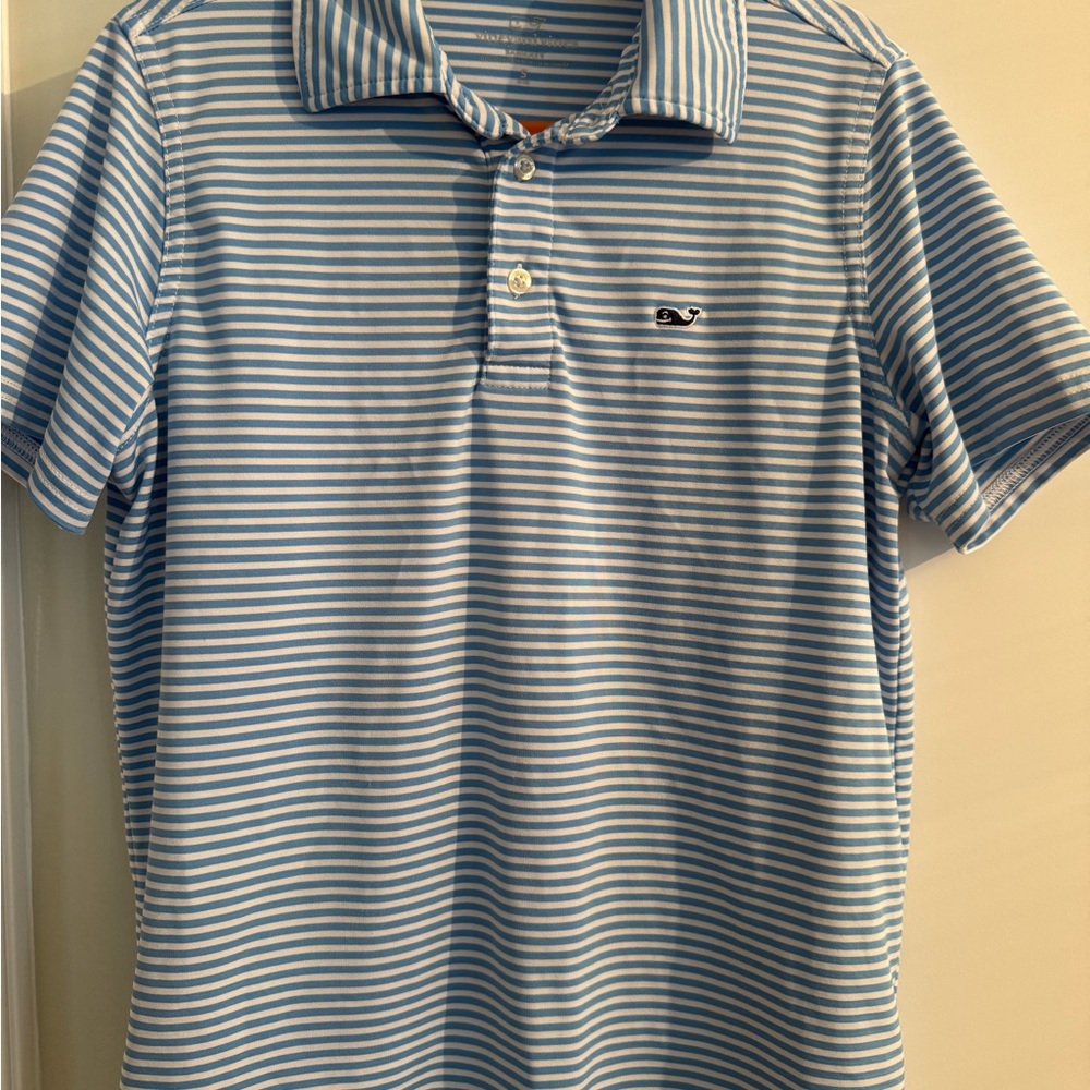 Vineyard Vines boys Sky Blue and White Striped performance polo
